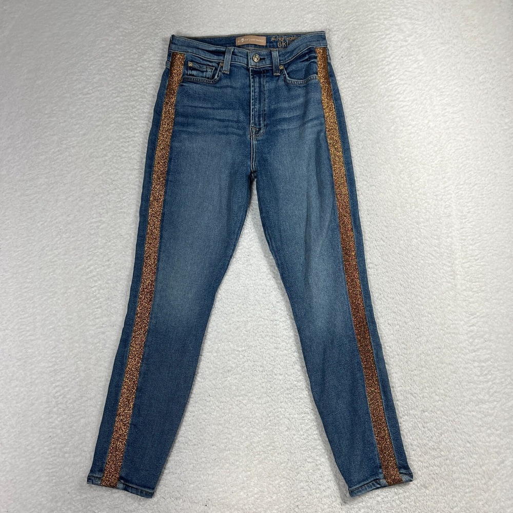 7 For All Mankind Luxe Vintage Hi Waist Ankle Skinny Jeans Blue Stripe 27 26x26